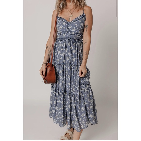 Floral Spaghetti Strap Tiered Midi Dress Womens Size M Blue Cottagecore Boho New - Picture 4 of 11